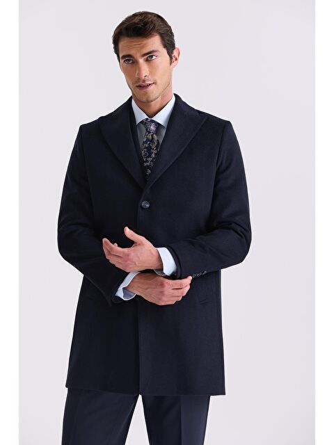 JAKAMEN Koyu Lacivert Comfort Fit Sivri Yaka Balık Sırtı Desenli Yünlü Kaşe Kaban - S000496622-29672