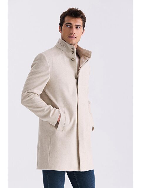 JAKAMEN Bej Slim Fit Dik Yaka Balık Sırtı Desenli Yünlü Spor Kaban - S000496616-19928