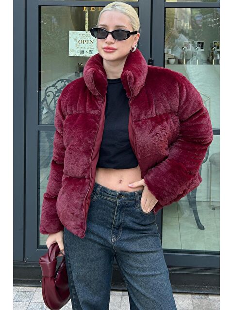 Madmext Bordo Dik Yaka Kadın Kürklü Mont Mg2259 - S000346059-19951