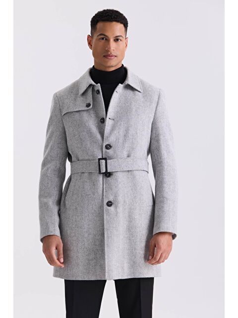 JAKAMEN Gri Comfort Fit Berberi Yaka Balık Sırtı Desenli Kemerli Yünlü Kaban - S000496623-20600