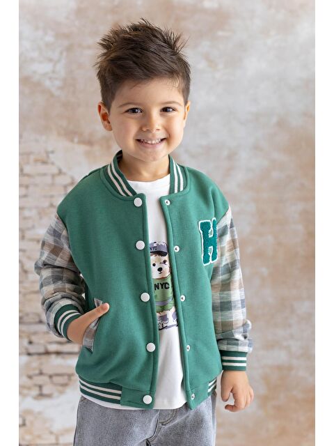 MİNİNİO Erkek Bebek Nakış Detaylı Ekose Garnili Bomber Ceket - Yeşil - S000363730-18194