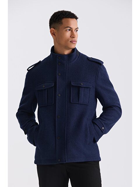 JAKAMEN Lacivert Slim Fit Hakim Yaka Apoletli Desenli Spor Kaşe Kaban - S000496613-21164