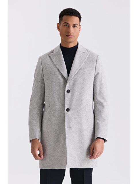 JAKAMEN Gri Comfort Fit Sivri Yaka Balık Sırtı Desenli Yünlü Kaşe Kaban - S000496622-20600