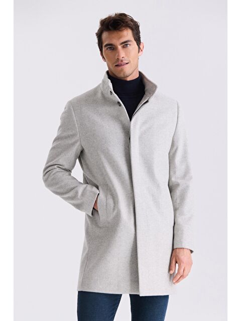 JAKAMEN Gri Slim Fit Dik Yaka Balık Sırtı Desenli Yünlü Spor Kaban - S000496616-20600