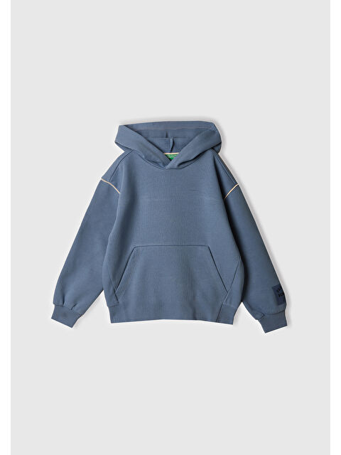 United Colors Of Benetton Erkek Çocuk Havacı Mavi Sırtı Şerit Detaylı Logolu Kese Cepli Kapüşonlu Sweatshirt - S000356938-17234