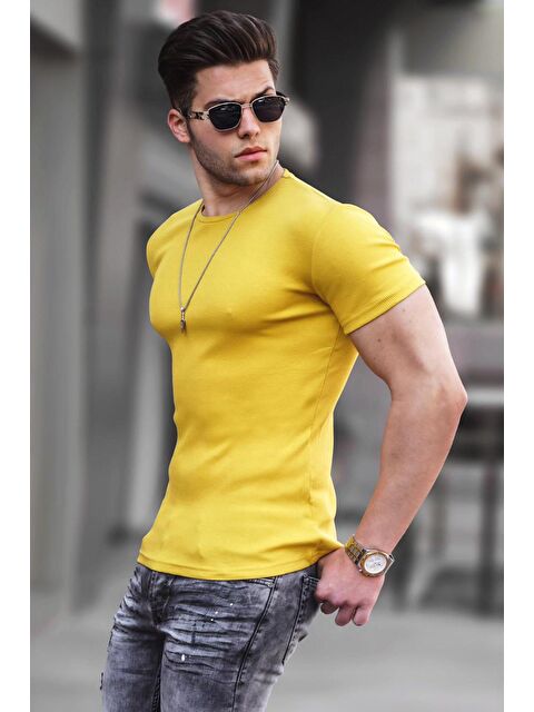 Madmext Bisiklet Yaka Sarı Basic %100 Pamuk Tişört 4077 - S000039623-20072