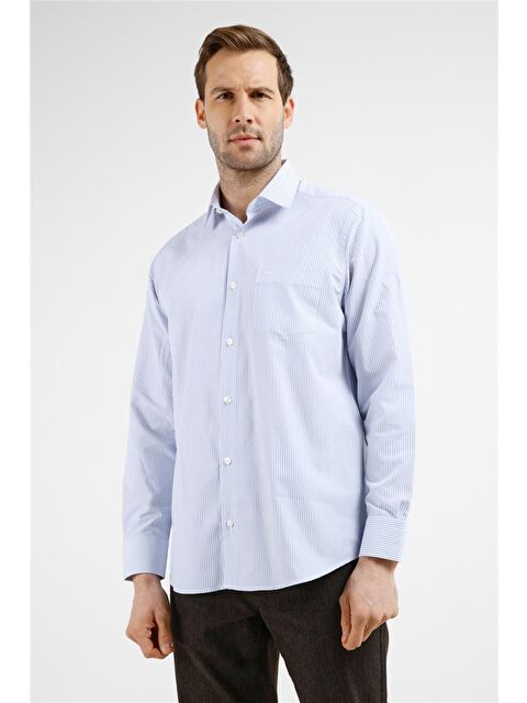 İMZA Beyaz - Mavi Çizgili Desen Sert Yaka Uzun Kol Cepli Comfort Fit Pamuklu Gömlek 1004255281 - S000514546-37234