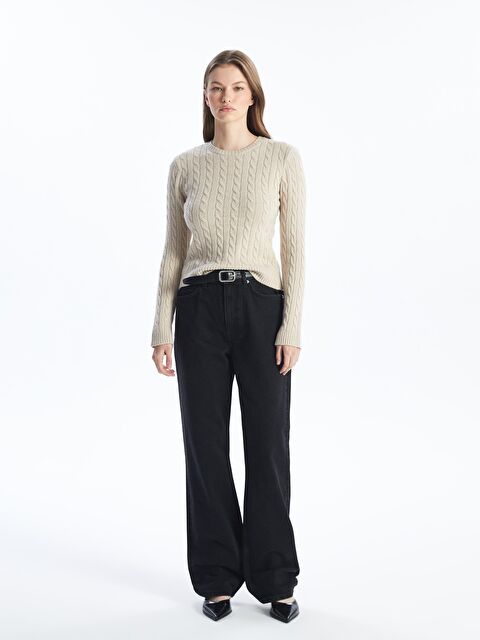 Dexia Saç Örgü Detaylı Bisiklet Yaka Yumuşak Dokulu Slim Fit İnce Triko - Bej Renk - S000171207-19928