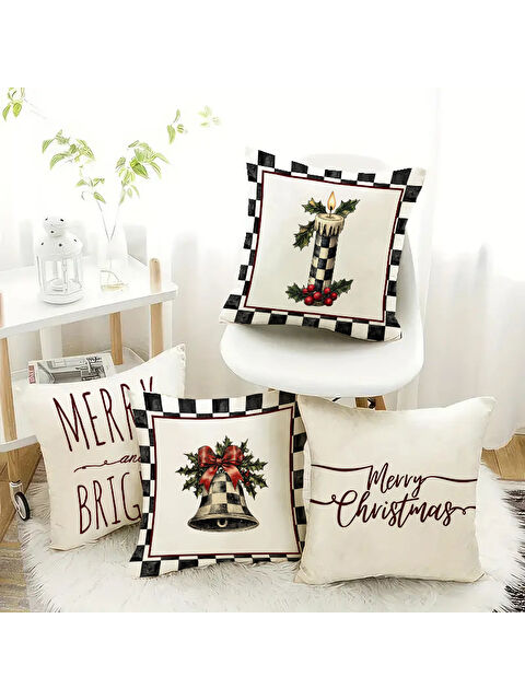 Evmila 4'lü Yılbaşı Desenli Kadife Kırlent Kılıfı Seti – Çift Taraf Baskılı 43x43 cm - S000486323-23173