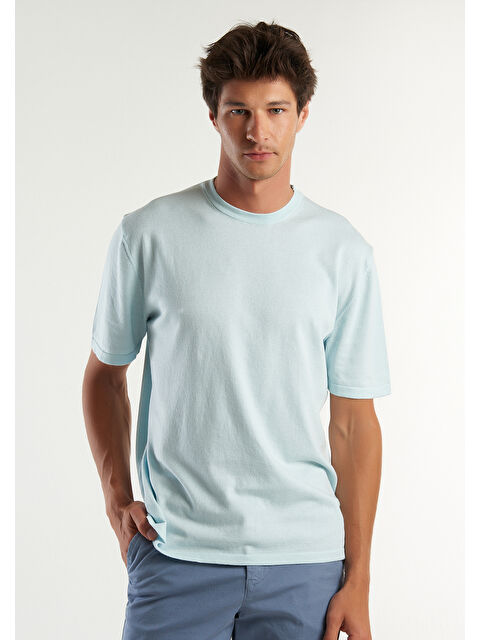 United Colors Of Benetton Erkek Uçuk Mavi %100 Pamuk Tek Renkli Bisiklet Yaka Triko Tişört - S000305923-17174