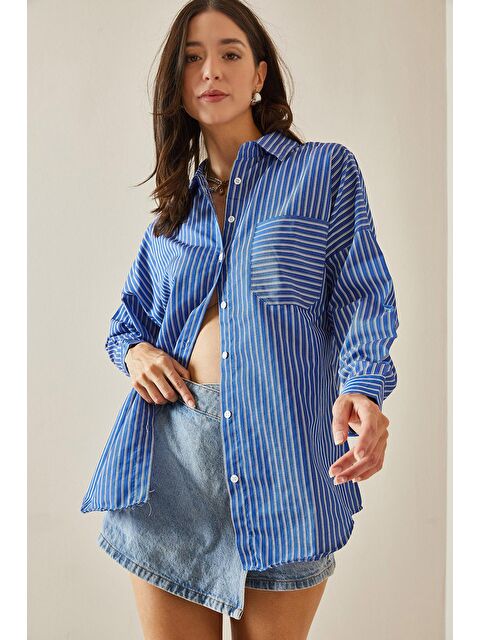 Xhan Mavi Tek Cepli Çizgili Gömlek 5YXK2-48641-12 - S000211644-17234