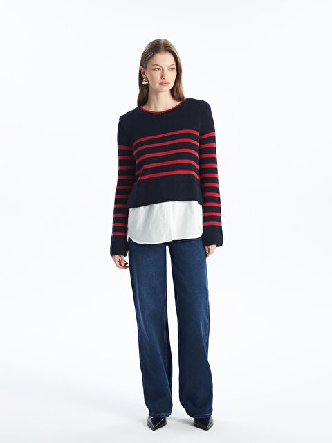 Dexia Evora - Örgü ve Gömlek Detaylı Uzun Kol Triko Kazak - Lacivert Stripe Renk - S000171213-37349