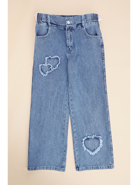 Fullamoda %100 Pamuk Beli Lastikli Taşlı Kalp Nakışlı Kız Çocuk Pantolon - S000497130-17234