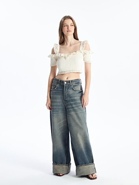 Dexia Padova - Örgü ve Dantel Detaylı Kısa Kollu Bluz - Ekru Renk - S000171214-19965