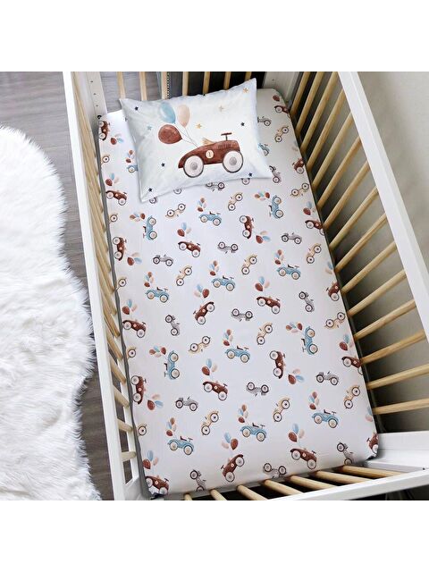 Evmila Antika Araba Desen Baskılı Bebek Boy Lastikli Çarşaf Seti Beyaz 60x120 cm - S000038013-23173
