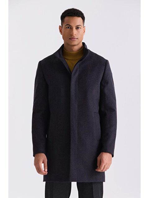 JAKAMEN Koyu Lacivert1 Slim Fit Dik Yaka Balık Sırtı Desenli Yünlü Spor Kaban - S000496616-21164