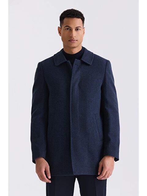 JAKAMEN Lacivert Klasik Fit Berberi Yaka Çizgi Desenli Yünlü Kaban - S000496624-21164