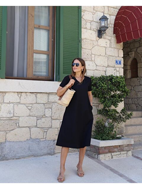 Jane's Kadın Kısa Kollu V Yaka Cepli A Kesim Detaylı Viskon Elbise