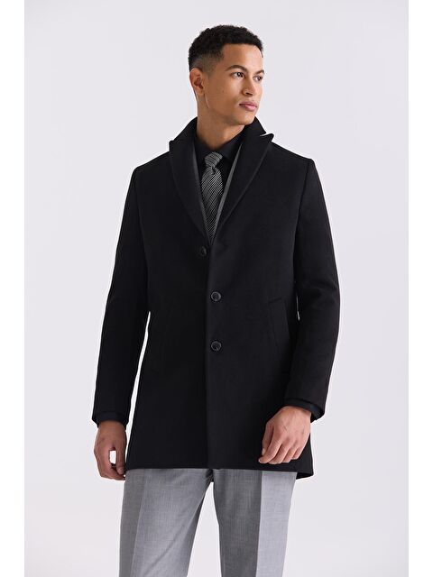 JAKAMEN Siyah Comfort Fit Sivri Yaka Kaşe Kaban - S000496604-19351