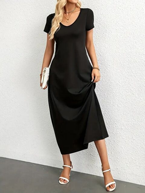 Jane's Kadın Kısa Kollu Yakası Yuvarlak Cepli Viskon Elbise