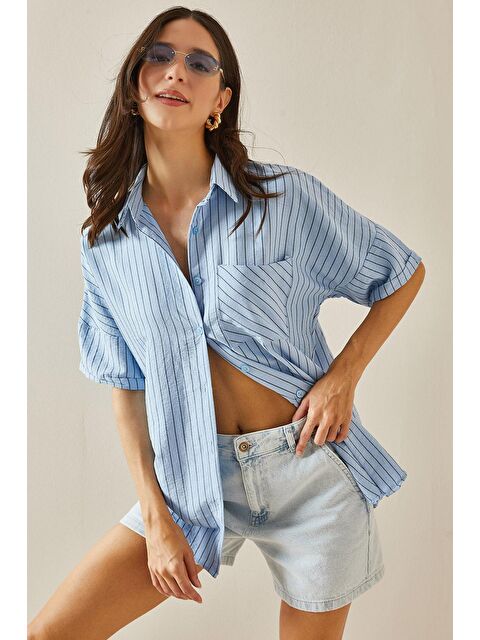 Xhan Bebe Mavisi Tek Cepli Çizgili Gömlek 5YXK2-48637-55 - S000211648-3642