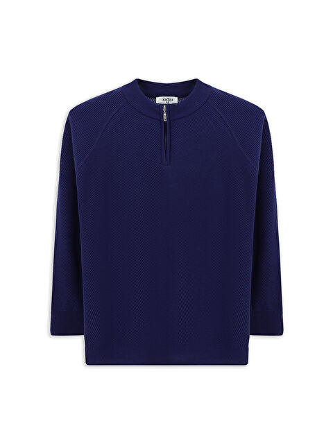 Kiğılı Bato Yaka Regular Fit Fermuarlı Desenli Pamuklu Triko Kazak