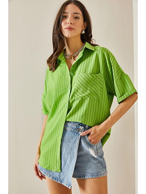 Xhan Yeşil Tek Cepli Çizgili Gömlek 5YXK2-48637-08 - S000211648-18194
