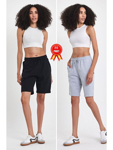 Mmetalic 2'li Kadın Rahat Kesim Beli Lastikli Mevsimlik Yumuşak Kumaş Cepli Siyah-Gri Uzun Bermuda Şort - S000231254-37430