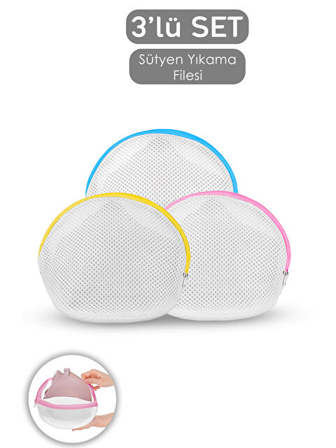 Meleni Home 3'lü Fermuarlı Sütyen Yıkama Filesi Renkli Fermuarlı İç Çamaşırı Yıkama Aparatı - S000385193-23173