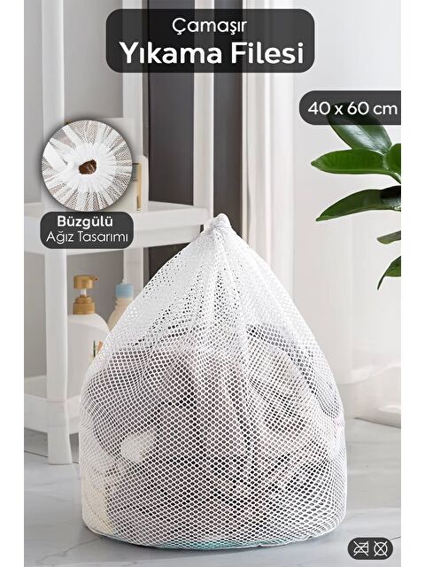 Meleni Home 1 Adet İpli Çamaşır Yıkama Filesi Koruyucu Çamaşır Yıkama Torbası 40x60 cm Beyaz - S000385194-20063