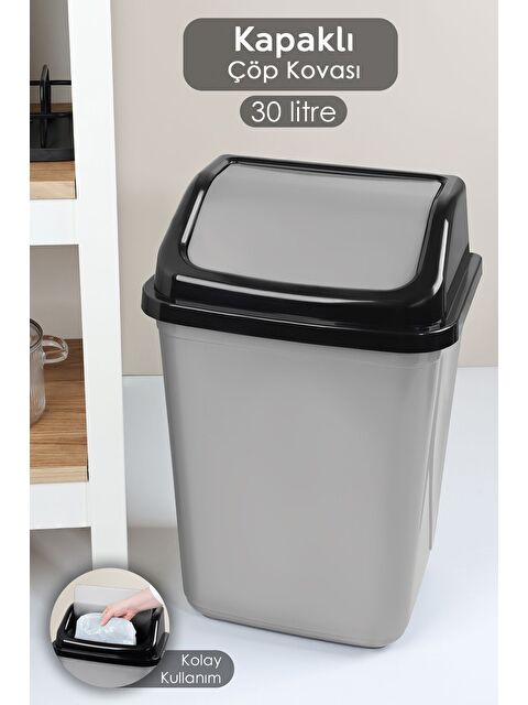 Meleni Home Kapaklı Plastik Çöp Kovası Ev Ofis Banyo Mutfak Çöp Kovası Gri 30 Litre - S000385195-20600