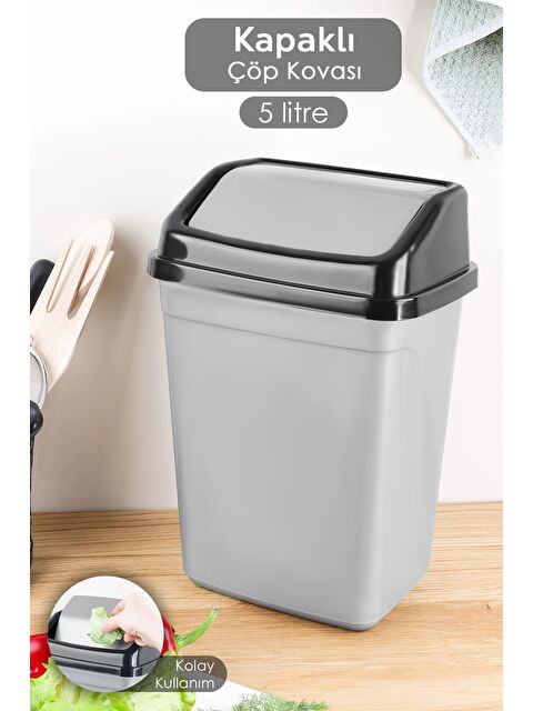 Meleni Home Kapaklı Plastik Çöp Kovası Ev Ofis Banyo Mutfak Tezgah Üstü Çöp Kovası Gri 5'litre - S000385197-20600