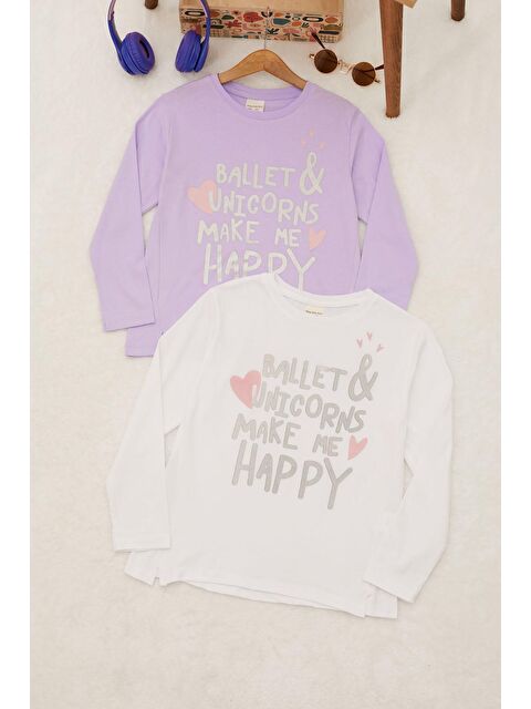 Cansın Mini Kız Çocuk Simli Yazı Baskılı 2li Sweatshirt Beyaz-Lila 17338 - S000119591-37233