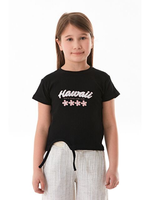 Fullamoda Hawaii Yazı Baskılı Fitilli Yanı Büzgülü Kız Çocuk Tişört - S000381204-19351
