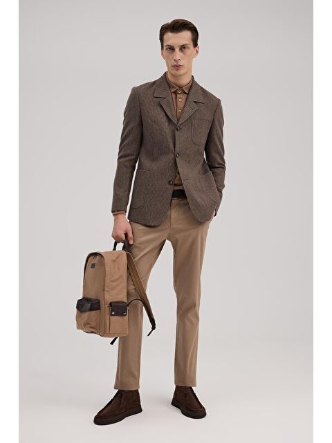JAKAMEN Kahve Slim Fit Berberi Yaka Çizgili Ceket - S000496631-19413