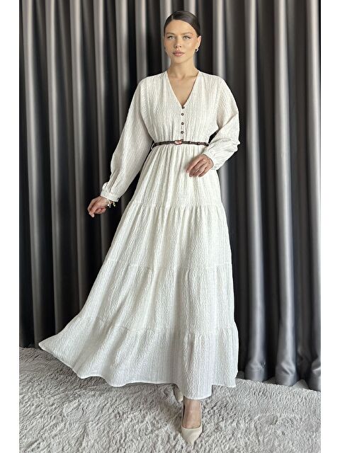 Gülseli V Yaka Bel Lastikli Kemerli Kadın Elbise - S000399283-25636