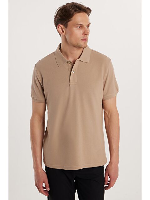 TUDORS Erkek Slim Fit Dar Kesim %100 Pamuk Bej Polo Yaka Tişört