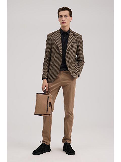 JAKAMEN Kahve Slim Fit Mono Yaka Kazayağı Desenli Ceket - S000496633-19413