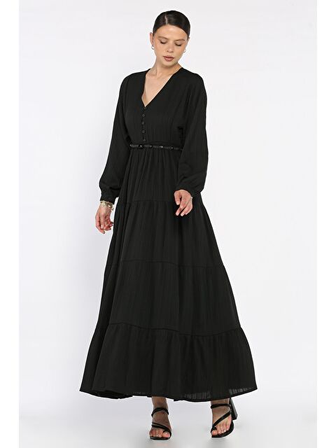 Gülseli V Yaka Bel Lastikli Kemerli Kadın Elbise - S000399283-19351