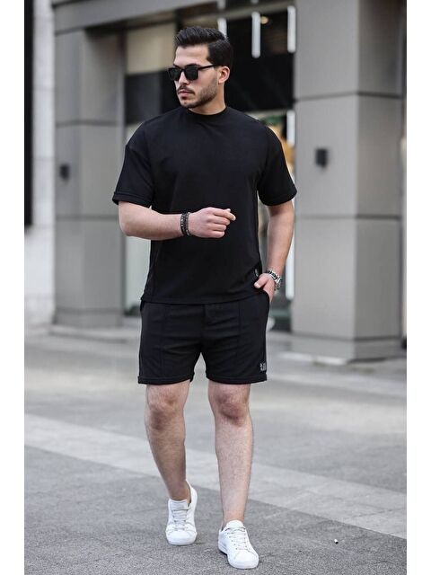 Comstar Erkek Alt Üst Oversize Tişört Basic Şort Siyah Ikili Takım