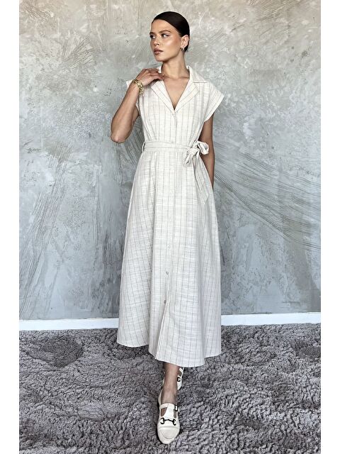 Gülseli Boydan Düğmeli Bel Kuşaklı Keten Elbise - S000399287-25636