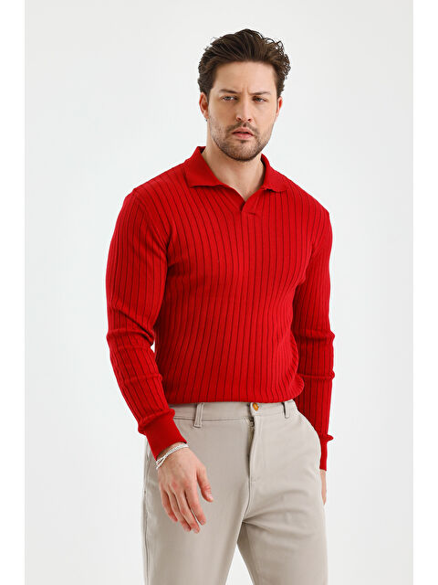 Tarz Cool Kırmızı Erkek Polo Yaka Fitilli Triko Kazak - S000141623-20045
