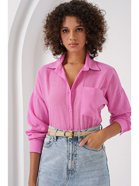 Bigdart 20153 Tek Cepli Oversize Keten Gömlek - Pembe - S000085424-20024