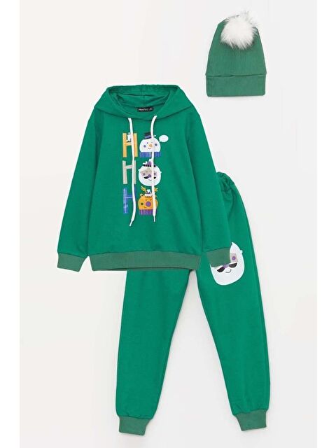 Riccotarz Kız Erkek Kardan Adam ve Yazı Baskılı Bereli Yeni Yıl Yeşil Eşofman Takım - S000317328-18194