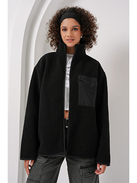 Bigdart 55446 Fermuarlı Oversize Pelüş Ceket   Siyah - S000291464-19351