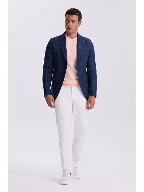JAKAMEN Lacivert Slim Fit Kırlangıç Yaka Çizgili Keten Pamuk Mevsimlik Ceket - S000496630-21164