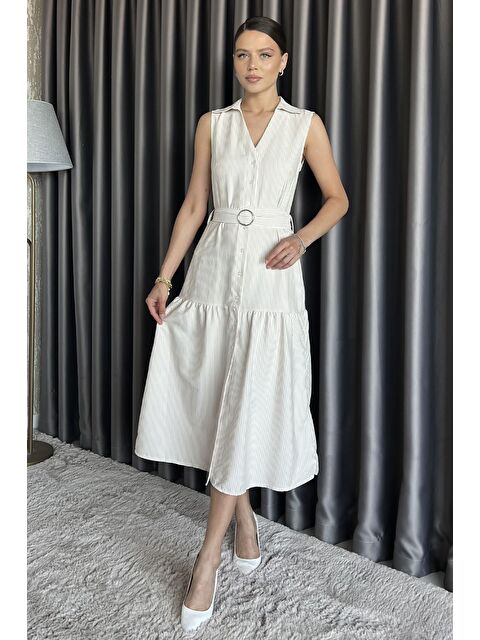 Gülseli Çizgi Desenli Kemerli Sıfır Kol Kadın Elbise - S000399288-25636