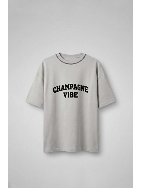 Abluka Online Erkek Oversize Premium Kontrast Yaka Baskılı T-Shirt Gri - S000513506-20600