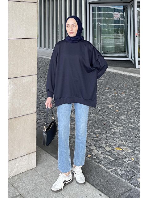 Lamelif Balon Kol Yaka Ve Etek Ucu Manşetli Bol Sweat Lacivert - S000517841-21164