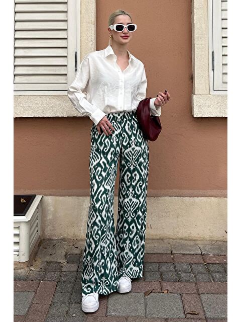 Madmext Yeşil Desenli Beli Lastikli Bol Paça Pantolon Mg2051 - S000177872-18194